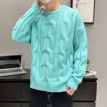 Модный мужской свитер твист-вязки, однотонный Свободный пуловер с круглым воротом, удобный топ в стиле харадзюку с длинным рукавом, мужской осень-зима