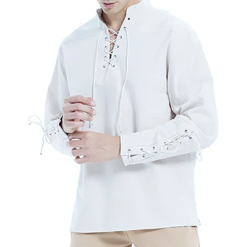 Летом 2023 Года Новая мужская футболка с длинными рукавами, хлопковая льняная одежда, Свободные топы со шнуровкой с V-образным вырезом, Пляжный повседневный пуловер, мужская рубашка