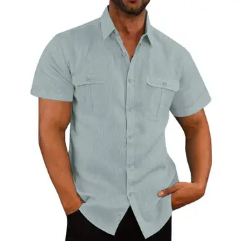 Летняя мужская хлопчатобумажная льняная рубашка 2023 Повседневная рубашка с коротким рукавом Официальная пляжная рубашка с лацканами Мужская одежда больших размеров