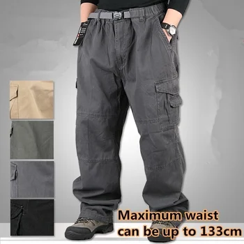 Большие размеры, мужские свободные прямые брюки-карго, мужские весенне-осенние спортивные брюки в стиле милитари для верховой езды, пешего туризма, рыбалки, с несколькими карманами