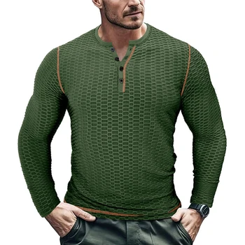 Мужская повседневная однотонная футболка Henley с длинным рукавом, приталенный пуловер на пуговицах, топы, блузка, классические однотонные футболки, одежда