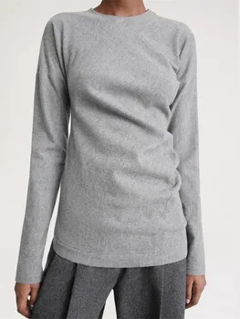 Женская серая или черная футболка с длинным рукавом, тонкий повседневный женский топ с круглым вырезом, осень-зима 2023