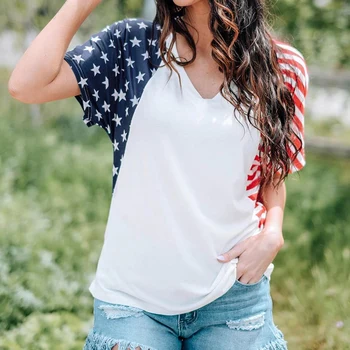 Женская патриотическая верхняя блузка с принтом в звездную полоску, футболка с изображением Дня Независимости, V-образный вырез, свободный крой, уличная одежда с коротким рукавом, костюм