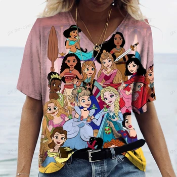 20223 Летняя футболка с русалочкой, летняя футболка с короткими рукавами и V-образным вырезом, футболка принцессы Ариэль, повседневная футболка из серии Disney для девочек