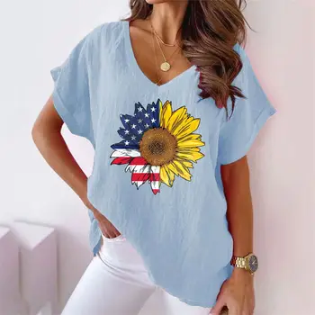 Женская летняя Модная футболка С 3D принтом Подсолнуха, V-образный вырез, Топ с короткими рукавами, Повседневный Уличный Пуловер, Женская футболка