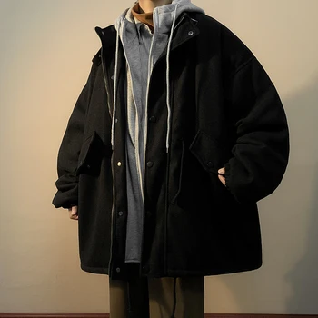 Мужское пальто с капюшоном большого размера, зимняя толстая шерстяная двухслойная куртка на молнии, повседневный кардиган, одежда из искусственного хлопка из двух частей