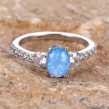 Обручальное кольцо с голубым опалом и яйцевидным камнем, Кольца с овальным камнем из белого Циркона Для женщин, Модные обручальные кольца серебристого цвета, украшения для вечеринок