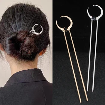 Новые металлические U-образные лунные палочки для волос для женщин, винтажные Элегантные китайские заколки из черного хрусталя, аксессуары для прически 