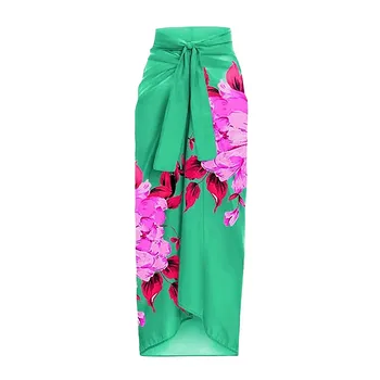 Женская зеленая юбка с запахом в стиле ретро с крупным цветком, юбка для купальника