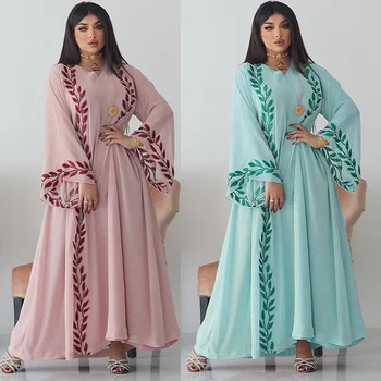AB216 Ближневосточная уличная мода, Летнее Шифоновое Длинное мусульманское Розовое платье с вышивкой вокруг шеи и повязкой на голову
