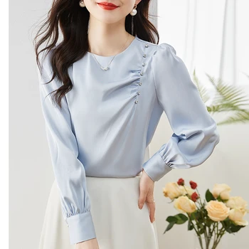2023 Осенняя Новая Корейская атласная блузка OL, Однотонные Женские топы, Круглый вырез, расшитая бисером Белая рубашка с длинным рукавом