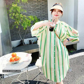 Свежее зеленое платье-рубашка в полоску для женщин, модные Элегантные длинные платья в корейском стиле, свободные, повседневные, с коротким рукавом и вырезами, 7983