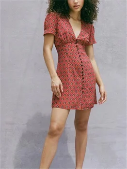 Женское мини-платье с V-образным вырезом и принтом в стиле французского ретро 2023, летнее Новое женское однобортное платье с коротким рукавом, Тонкая талия, сексуальный халат с запахом