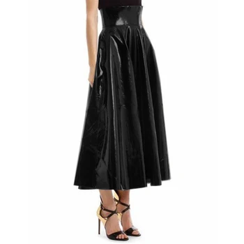 Готическая женская элегантная глянцевая кожа из ПВХ, тонкая длинная юбка с высокой талией, расклешенная юбка Миди в складку, уличная клубная одежда для вечеринок, S-7XL