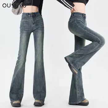 Расклешенные джинсы Женские обтягивающие с высокой талией Эстетичная одежда Y2k Джинсовые брюки Винтажная стирка Ретро Мойка Корейская уличная мода Новинка