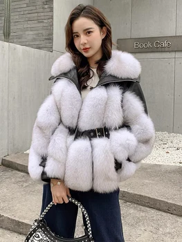 2023 Новая китайская и корейская женская мода, зимняя толстая верхняя одежда из натурального лисьего меха, короткая зимняя куртка из натуральной кожи, тонкая зимняя куртка из натуральной кожи