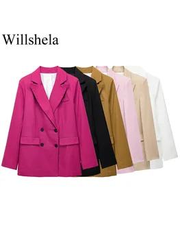 Willshela Женская мода с карманами, двубортный блейзер цвета хаки, винтажный вырез с длинными рукавами, шикарные женские наряды