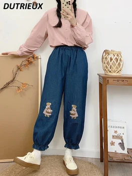 Мягкие джинсы с вышивкой милого медведя в японском стиле, свободные джинсы со средней талией, универсальные шаровары, весенне-летние женские джинсы из денима