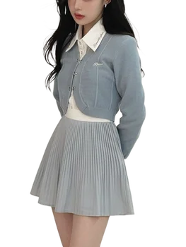 Вязаный Корейский модный комплект из 3 предметов, женский гофрированный французский винтажный костюм с мини-юбкой, женская повседневная милая одежда 2023, Новинка осени