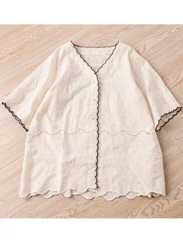 Уникальная поверхность Lucky Leaves, Вышивка Цветами, Хлопковая рубашка с коротким рукавом и V-образным вырезом, блузка, Топ винтажного дизайна