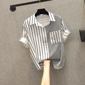 Полосатые хлопчатобумажные рубашки в стиле пэчворк, летние винтажные женские топы с отложным воротником и короткими рукавами 2023 года