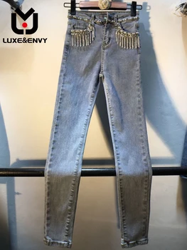Весенняя одежда LUXE & ENVY Station, Новая просверленная кисточка, расшитая бисером, Высокая талия, облегающие эластичные джинсы для ног, осень 2023 года