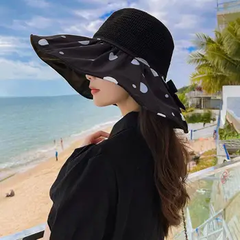 Женская солнцезащитная шляпа с принтом в горошек, рыболовная шляпа с широкими полями, Дышащая виниловая подкладка, складная шляпа с защитой от ультрафиолета, декор бантом, походная шляпа
