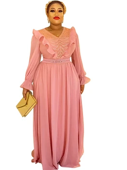Африканские шифоновые платья для женщин 2023 3XL Плюс Размер, Длинное платье для вечеринки, Африканская одежда, Элегантный Кафтан, мусульманское однотонное платье