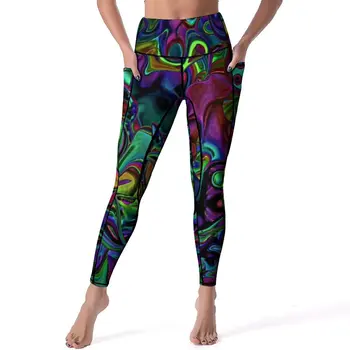Красочные жидкие Леггинсы, сексуальный абстрактный мраморный дизайн, спортивные штаны для йоги, Эластичные спортивные колготки с карманами, Дизайнерские Леггинсы