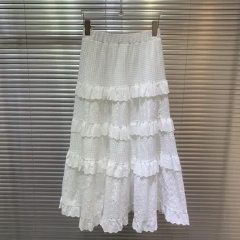 QQ6458 Эластичный пояс, белая вышивка, выдолбленные оборки на большом подоле, длинная юбка в европейском и американском стиле, женская новая летняя юбка