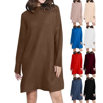Женский свитер с длинным рукавом и высоким воротом, однотонный пуловер, платье-свитер, платье с запахом, женское дорожное платье