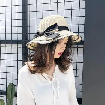 Панама, женская пляжная соломенная шляпа с большими полями, защитой от солнца и модной летней кепкой с бантом на открытом воздухе H65
