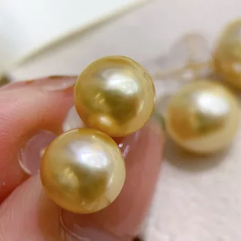 Классическая простая пара золотых жемчужных сережек диаметром 11-12 мм для женщин, круглые свадебные украшения с морским жемчугом
