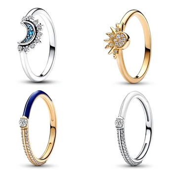 Новинка 2023 года, серебро 925 пробы, небесно-голубые сверкающие кольца с Луной и Солнцем, белое двойное кольцо, подходящие подарки для женщин