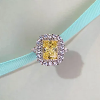 Модное роскошное кольцо Solitaire ZC с желтым кубическим цирконием изумрудной огранки, женское серебряное кольцо, кольца 925 пробы, красочные квадратные кольца с цирконием