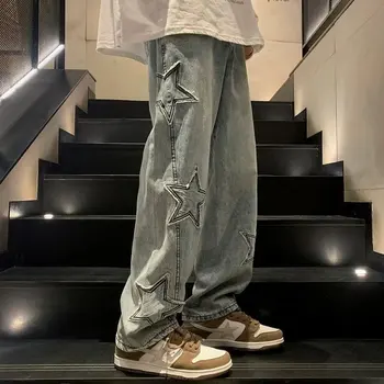 Y2K Винтажная Мужская Корейская Черная уличная одежда Oversize Star Эстетичные Прямые брюки Широкие джинсы Alt Джинсовые Брюки Женская одежда