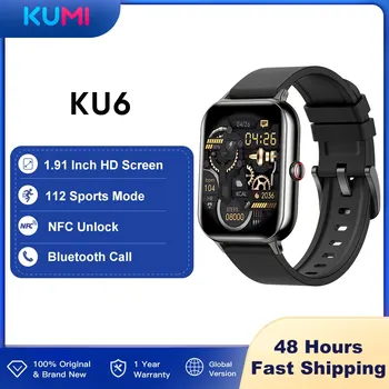 Мировая премьера смарт-часов KUMI KU6 1,91-дюймовые смарт-часы с NFC, Bluetooth Call 110, спортивный пульсометр IP68, водонепроницаемый
