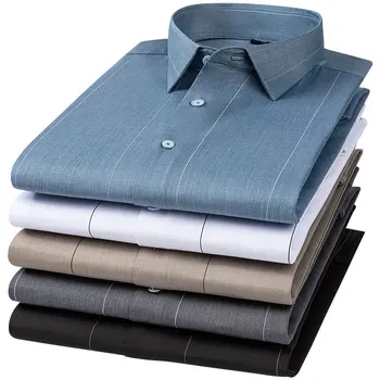 Новые мужские рубашки с длинным рукавом в мелкую полоску обычного кроя, удобные повседневные рубашки в полоску из мягкого бамбукового волокна