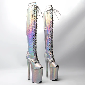 Leecabe 23 см / 9 дюймов, блестящая змеиная обувь из искусственной кожи с открытым носком, модные женские ботинки для танцев на высоком каблуке и платформе у шеста
