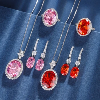 EYIKA Роскошной овальной формы, Оранжево-розовый кристалл, кулон с камнем Циркон, ожерелье, Серьги, кольцо для женщин, Набор ювелирных украшений для свадебной вечеринки
