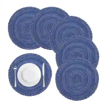 Круглые плетеные салфетки для обеденного стола Набор из 6 тканых термостойких нескользящих ковриков для кухонного стола Диаметром 36 дюймов синего цвета