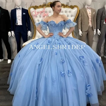 Angelsbridep Светло-голубое бальное платье принцессы с бисером для 15-летних девочек, пышные платья с 3D цветами, праздничные платья 15 лет
