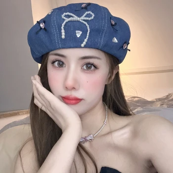 Новый Корейский Y2k Милый Ковбойский берет Женская шляпа художника с Бантом Для Шоппинга, Повседневный берет для вечеринок 2023