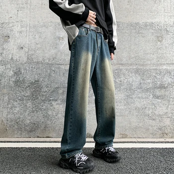 2023 Весна/Лето Новые Американские винтажные Зеленые джинсы Мужские прямые Свободные Модные студенческие повседневные длинные брюки