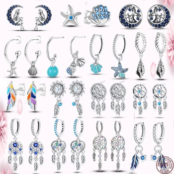 Новые Оригинальные Серьги из Стерлингового Серебра 925 пробы Blue Stone Claw Dreamcatcher Jewelry Ladies Brilliant Hole Wedding