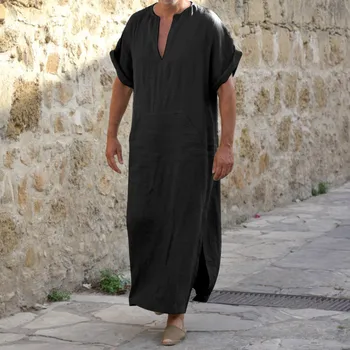 Мужские халаты Мусульманский Арабский Исламский С V-образным вырезом и коротким рукавом, имитация льна, ретро Винтажная одежда для отдыха, Кафтан Arabia Man Abaya