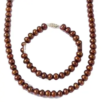 Оптовая цена 8-9 мм Ожерелье из натурального пресноводного коричневого жемчуга, браслет, серьги-гвоздики, набор драгоценностей