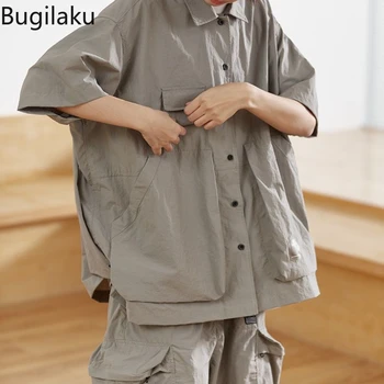 Бугилаку Летняя Японская однотонная рабочая одежда с несколькими карманами, рубашка с коротким рукавом, мужская свободная функциональная рубашка в стиле ретро